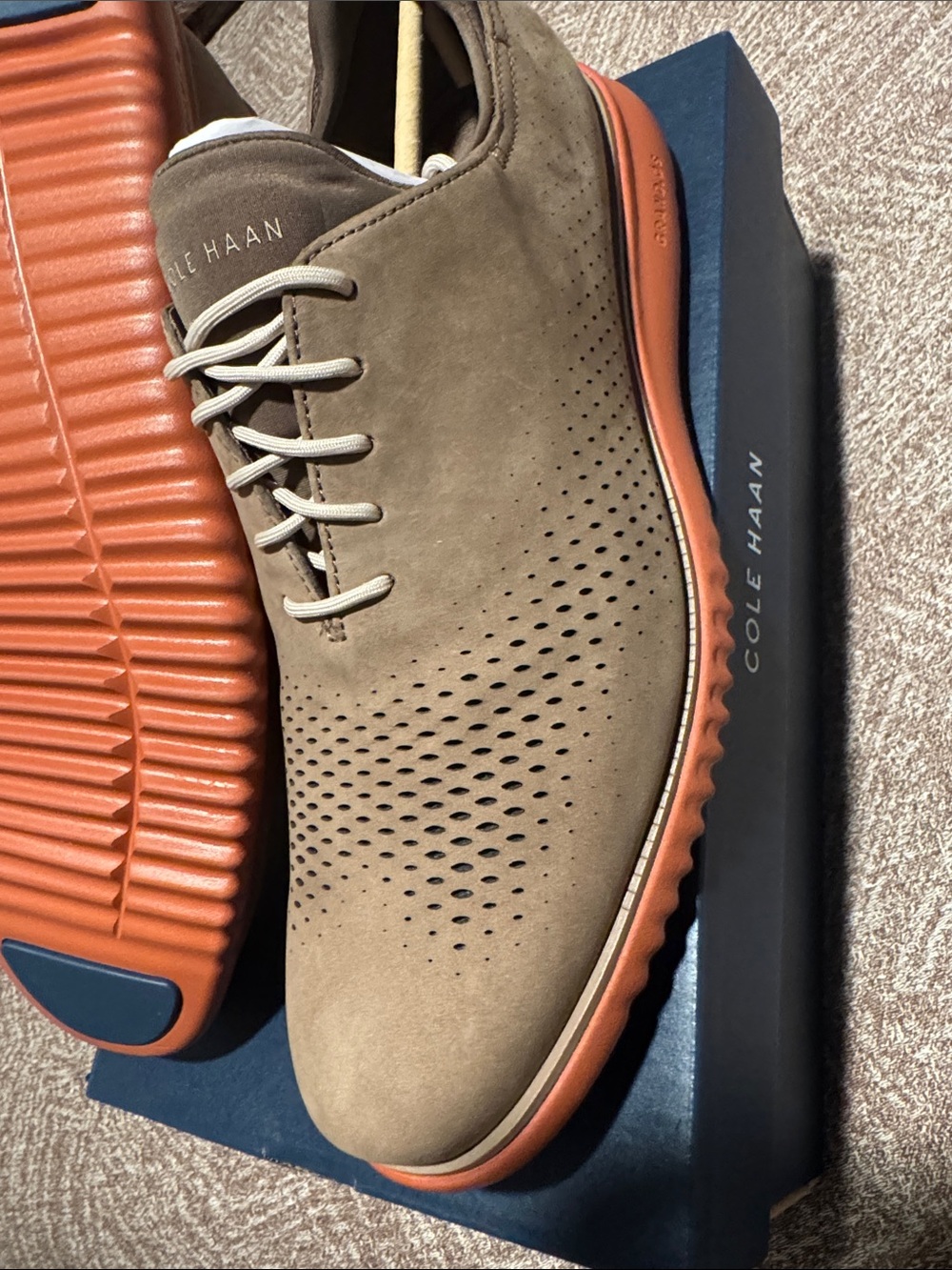 Cole Haan Taupe Suede Perforated Oxford with Orange Sole